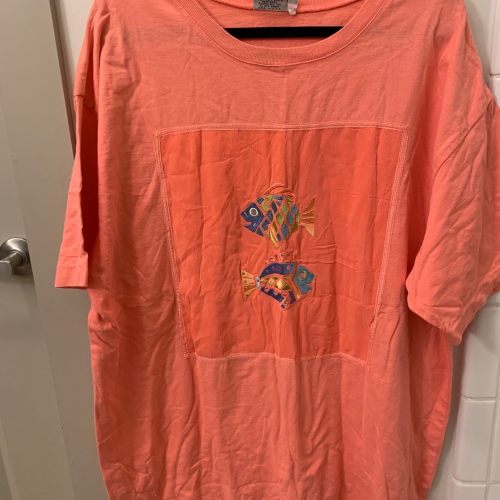 Johnny was embroidered fish t shirt 1x coral pink